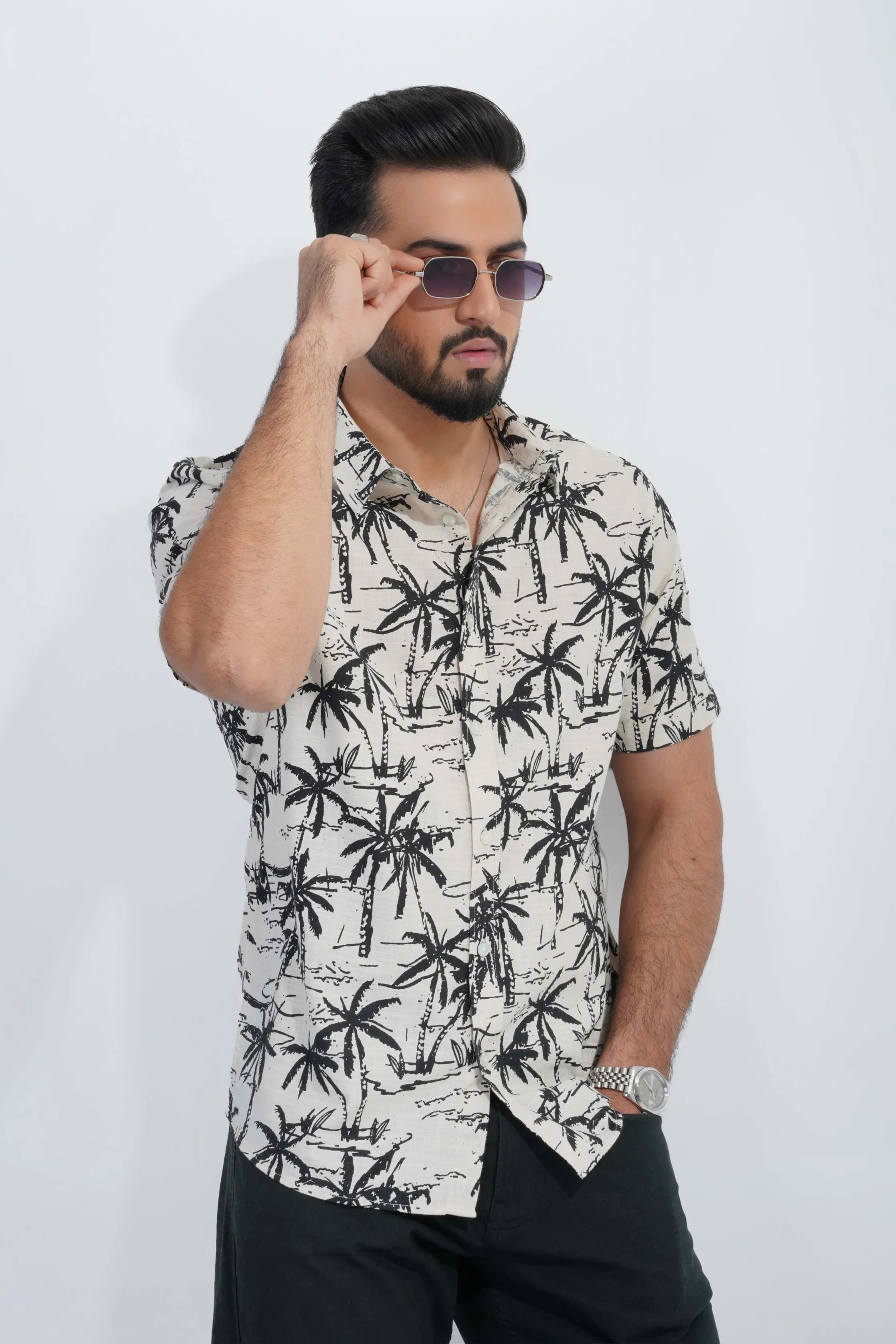 Men’s Monochrome Palm Print Cotton Shirt