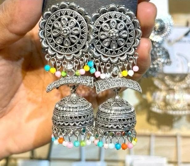Color Bead Oxidized Jhumka Earrings