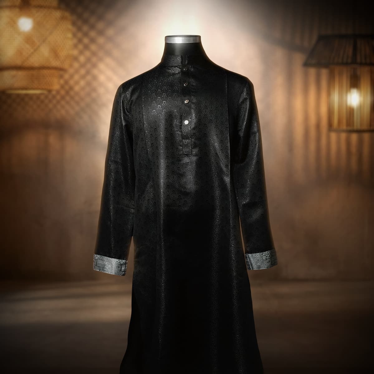 Midnight Elegance – Black Panjabi with Ash Contrast