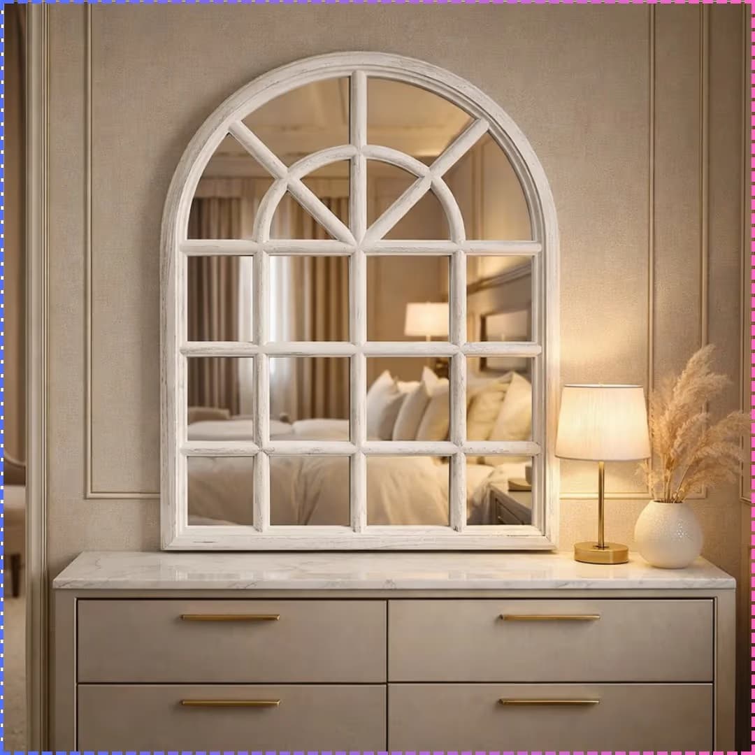 Vintage White Arch Window Frame Decorative Mirror