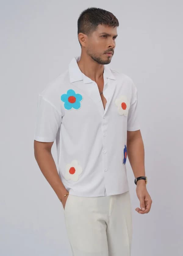 Flower Patch Oversized Half Shirt – White