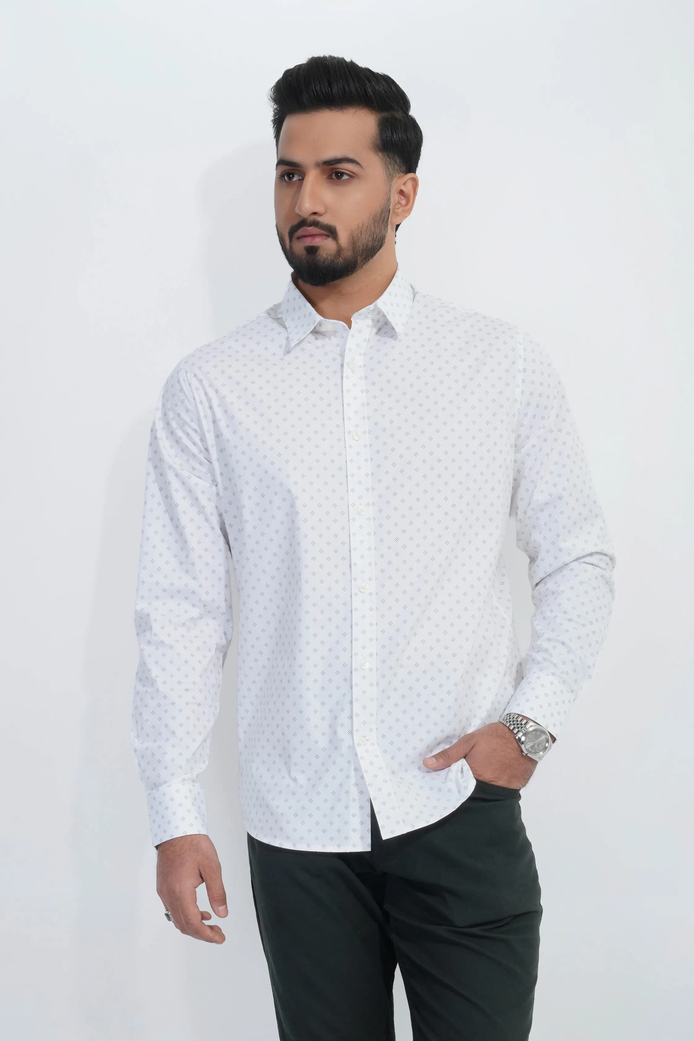 White Micro-Pattern Cotton Shirt