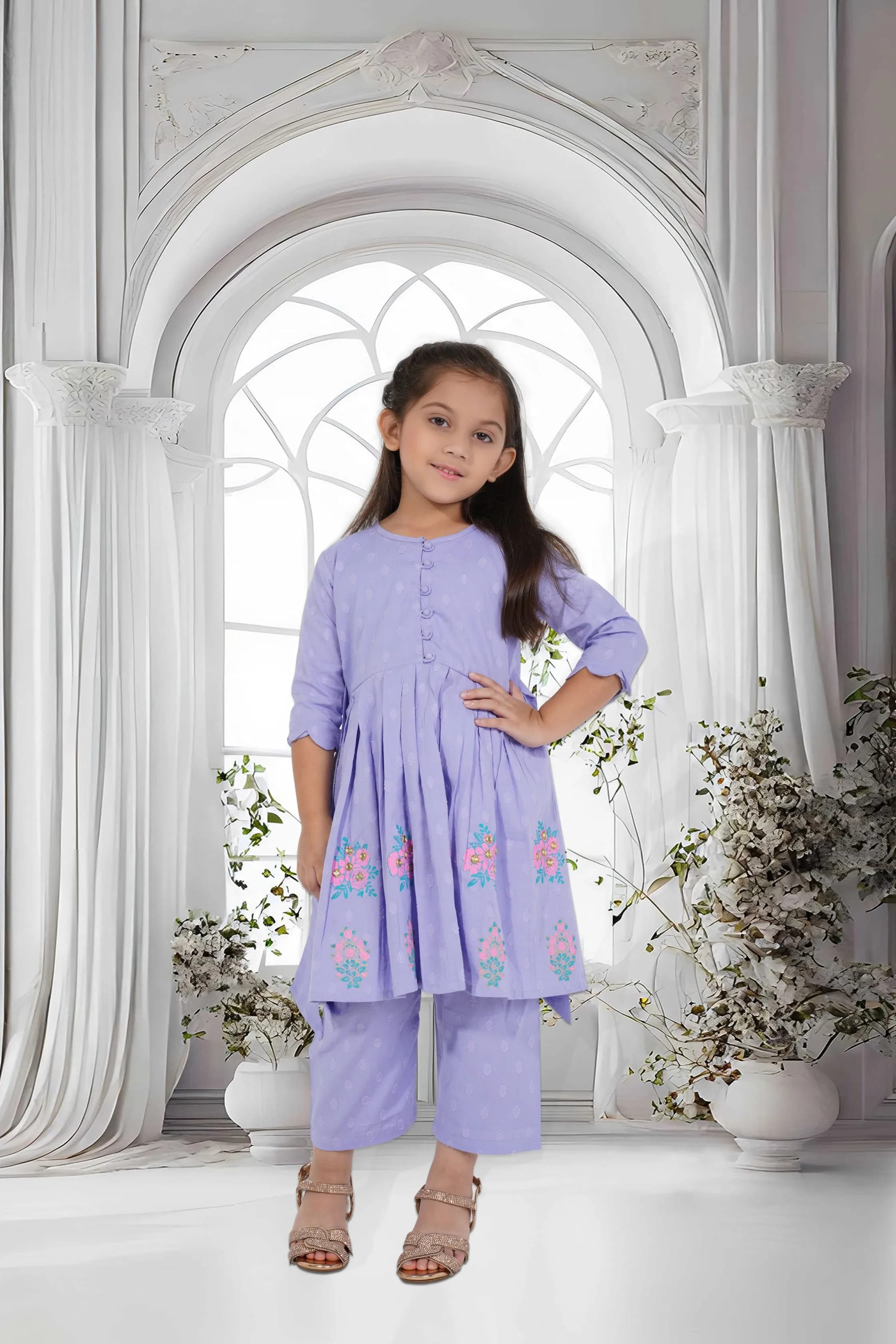 LILAC FLORAL PRINTED KURTI SET FOR GIRLS
