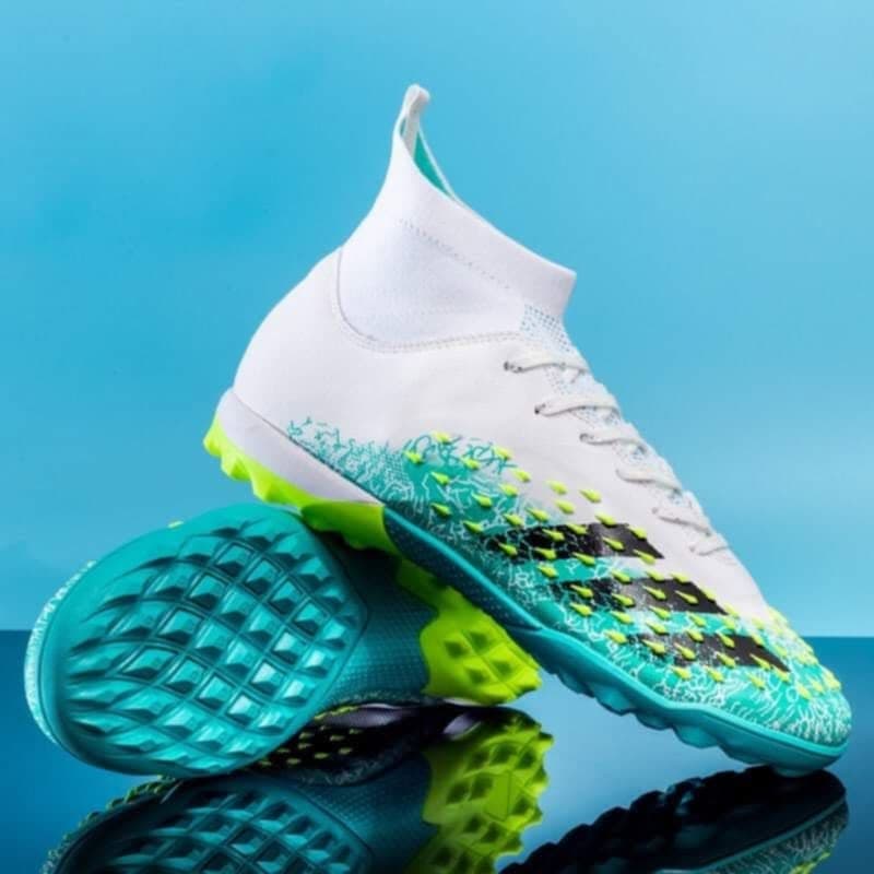 Predator Edge Turf Football Shoes – White, Aqua & Neon Green Edition