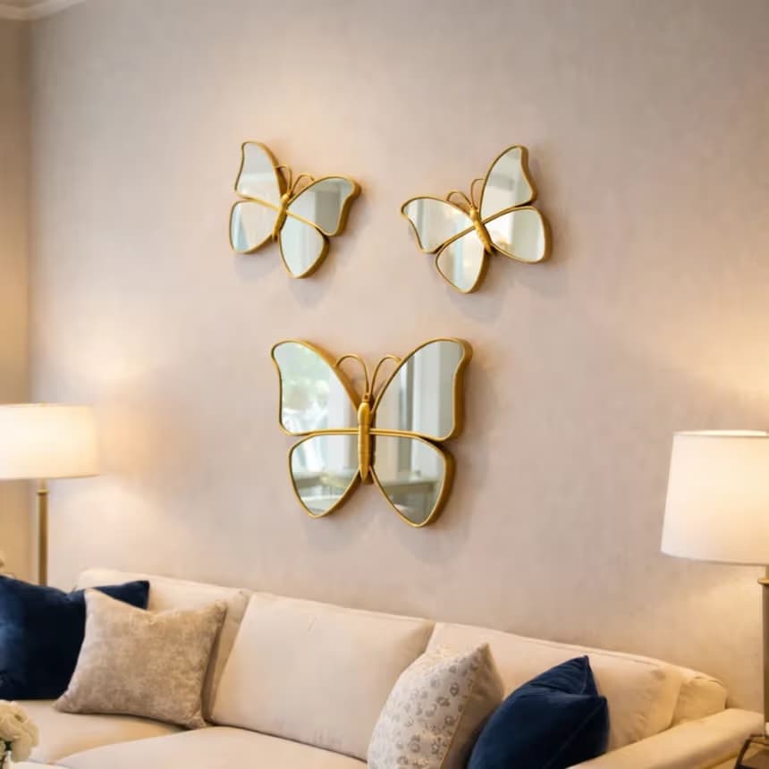 Golden Butterfly Wall Decor Set of 3 Luxury Mirror Art