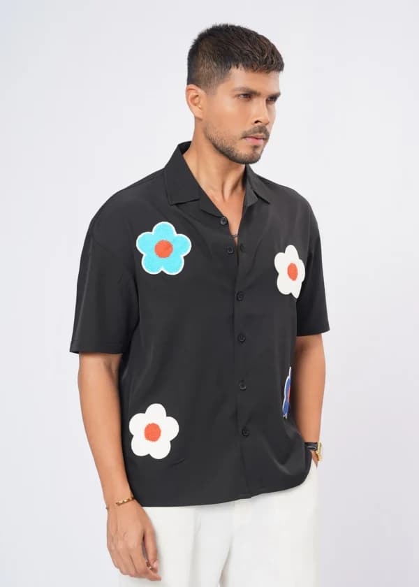 Flower Patch Oversized Half Shirt – Black